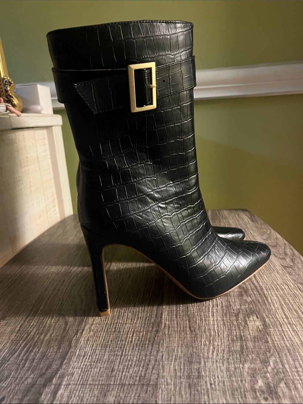 Journee Collection Black Croc-Embossed Stiletto Mid-Calf Boots with Gold Buckle